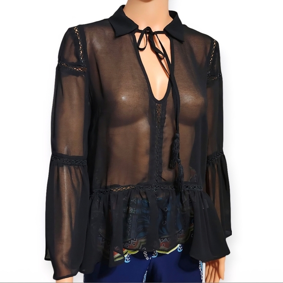 Market Black Sheer Blouse with Tie Detail - Picture 4 of 7